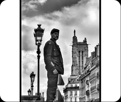 A black-and-white street frame